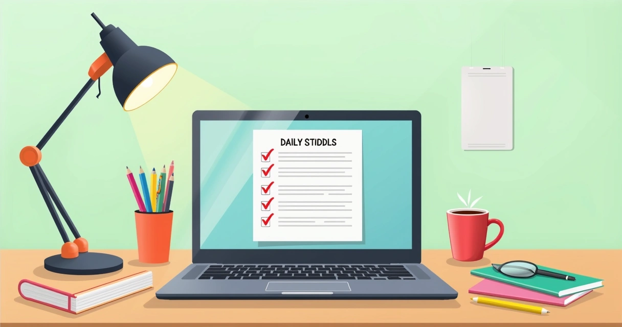Laptop aberto com lista de metas diárias de estudo na tela