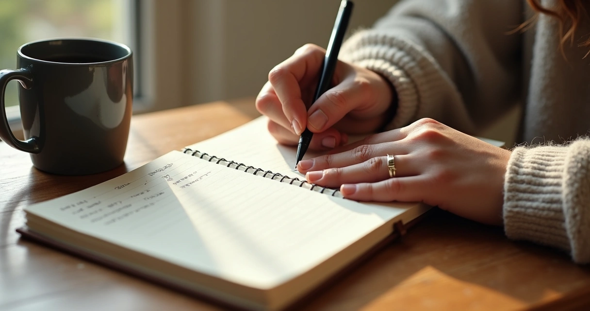 Pessoa escrevendo metas e intenções em um caderno, sentado à mesa, com caneca de café ao lado 