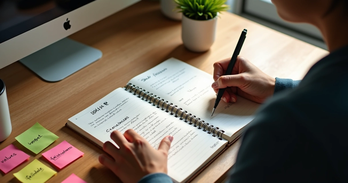 Pessoa olhando para papel com metas e reflexões, sentado à mesa de trabalho