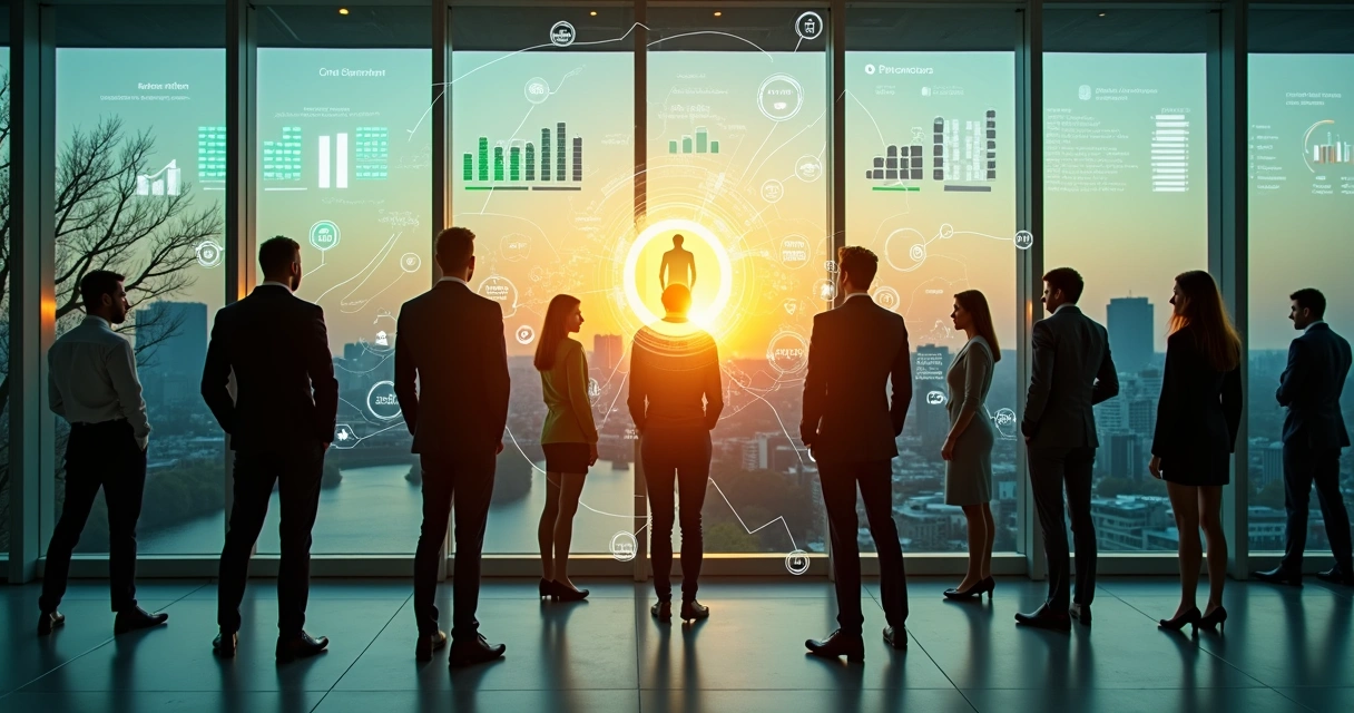 Executivos observando painel digital com indicadores ESG e impacto humano 