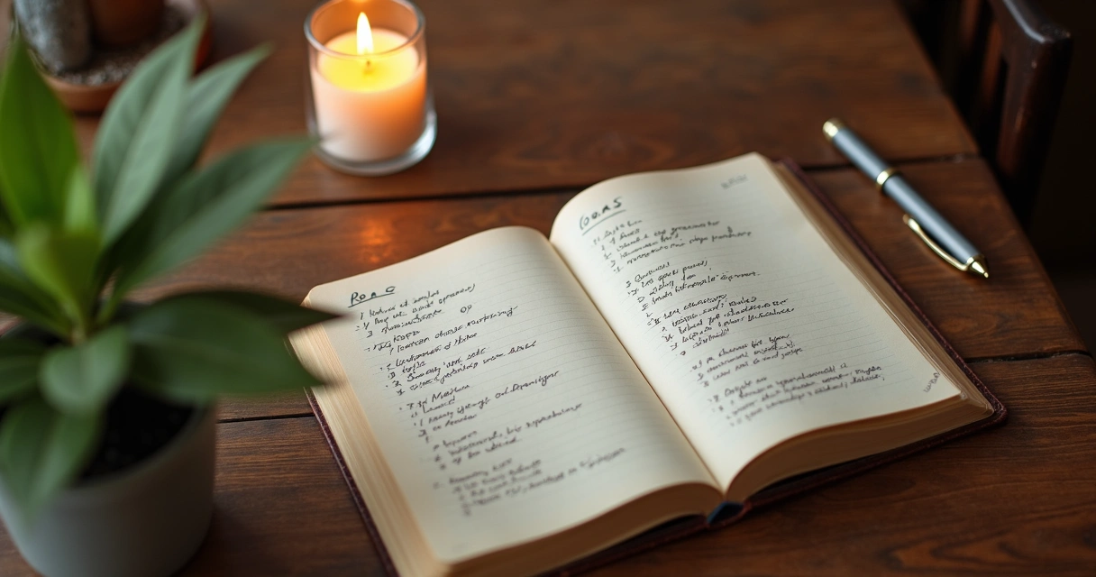 Caderno aberto sobre uma mesa de madeira com anotações de metas, ao lado de uma vela acesa, uma caneta e uma pequena planta verde 