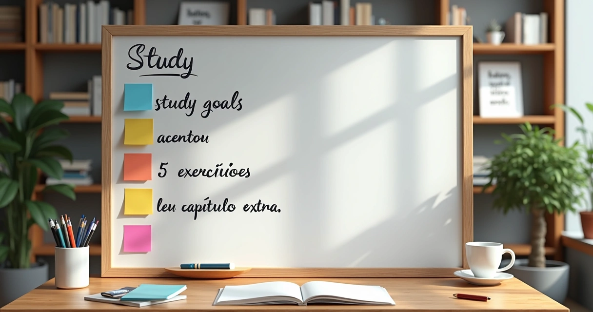 Quadro branco com metas de estudo escritas e post-its coloridos lembrando pequenas vitórias 