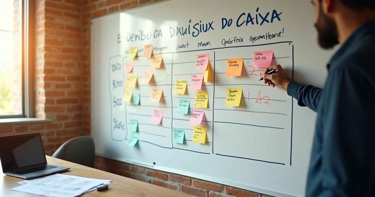 Quadro kanban com metas financeiras anuais e mensual em escritório de pequena empresa 