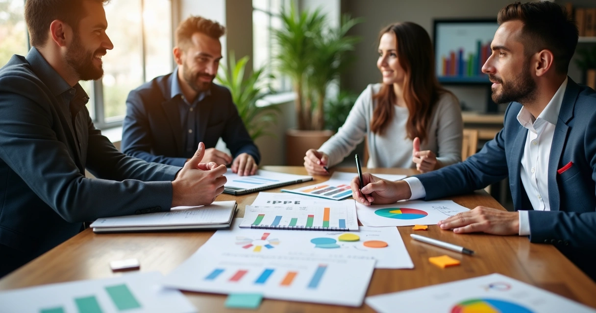 Equipe de marketing planejando KPIs e metas na mesa