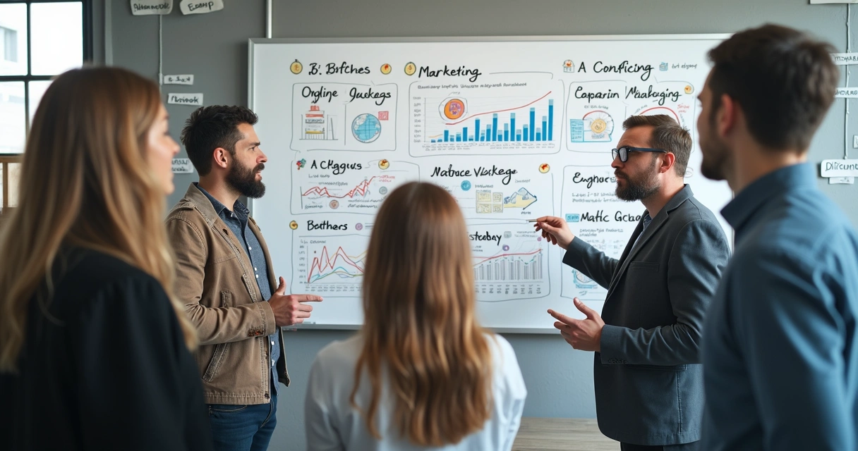 Equipe analisando diferentes metas em quadro de planejamento