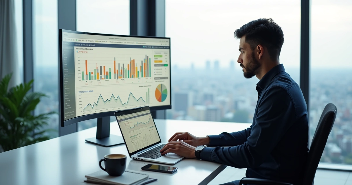 Profissional analisando painel de métricas de marketing com gráficos de ROI em destaque 