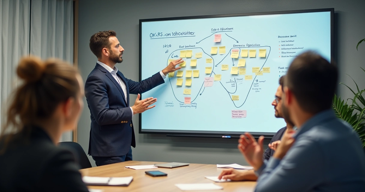 Gestor conduzindo reunião sobre metas e OKR com equipe