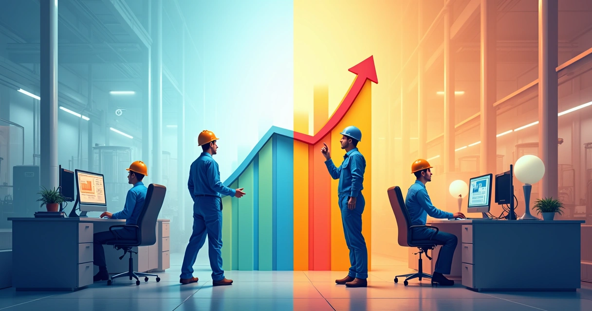 Gráfico colorido subindo, com trabalhadores de diferentes setores e áreas 