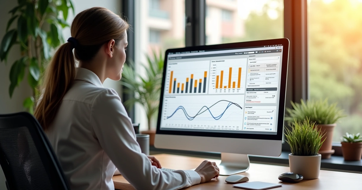 Corretor monitorando metas e previsibilidade de vendas na tela do computador 