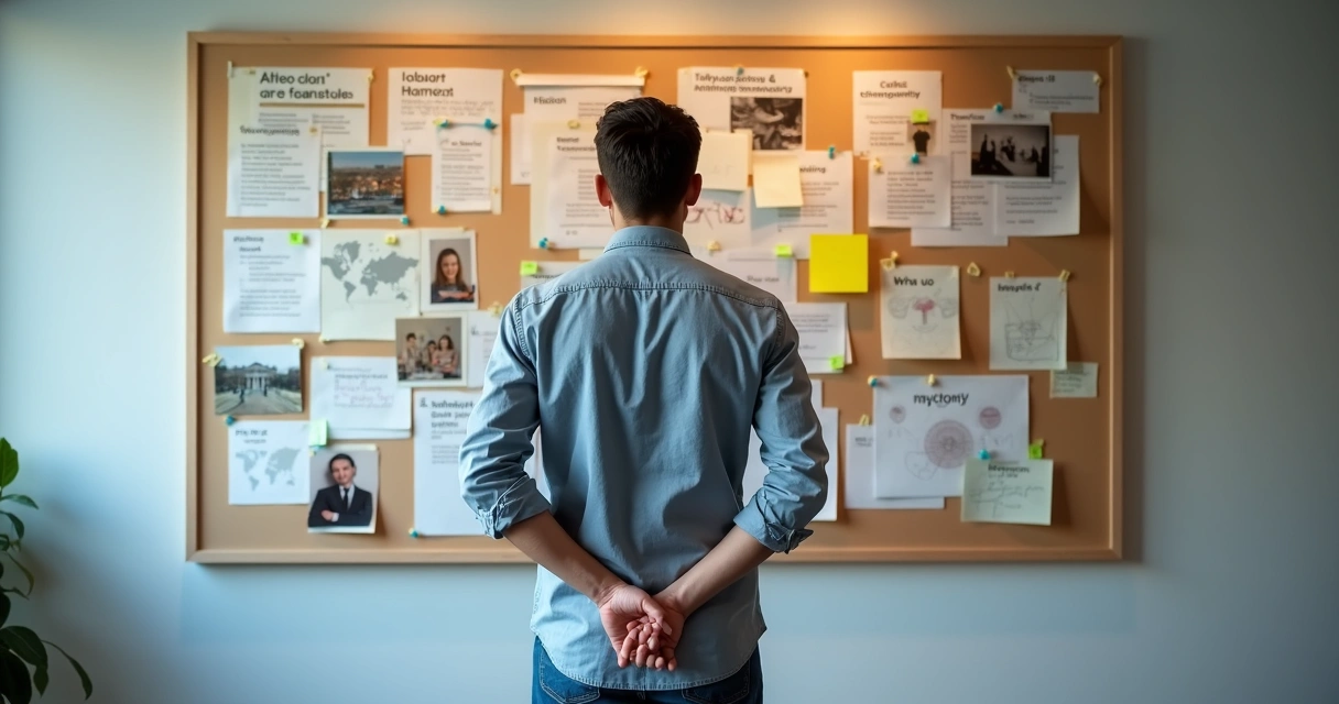 Persona mirando un tablero con metas profesionales y logros destacados