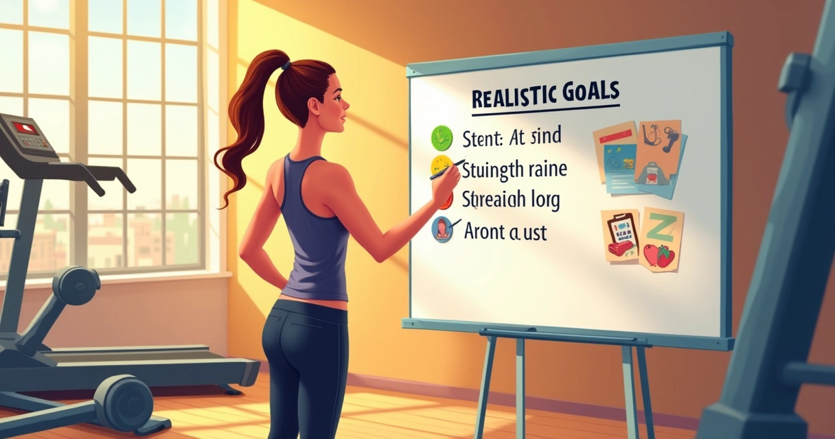 Ilustração de um entusiasta do fitness definindo metas realistas em uma academia iluminada.