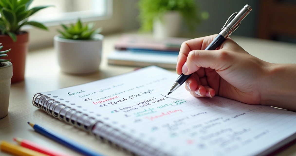 Mão escrevendo metas realistas em agenda