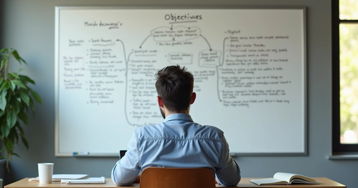 Pessoa refletindo diante de quadro branco com metas e ideias desenhadas