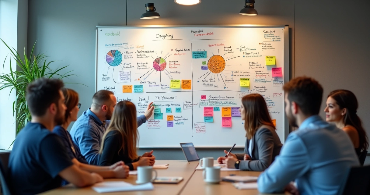 Quadro branco com metas de marca escritas e equipe discutindo ao redor