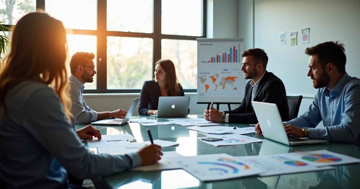 Equipe SaaS reunida analisando mapas e gráficos de metas de conversão 