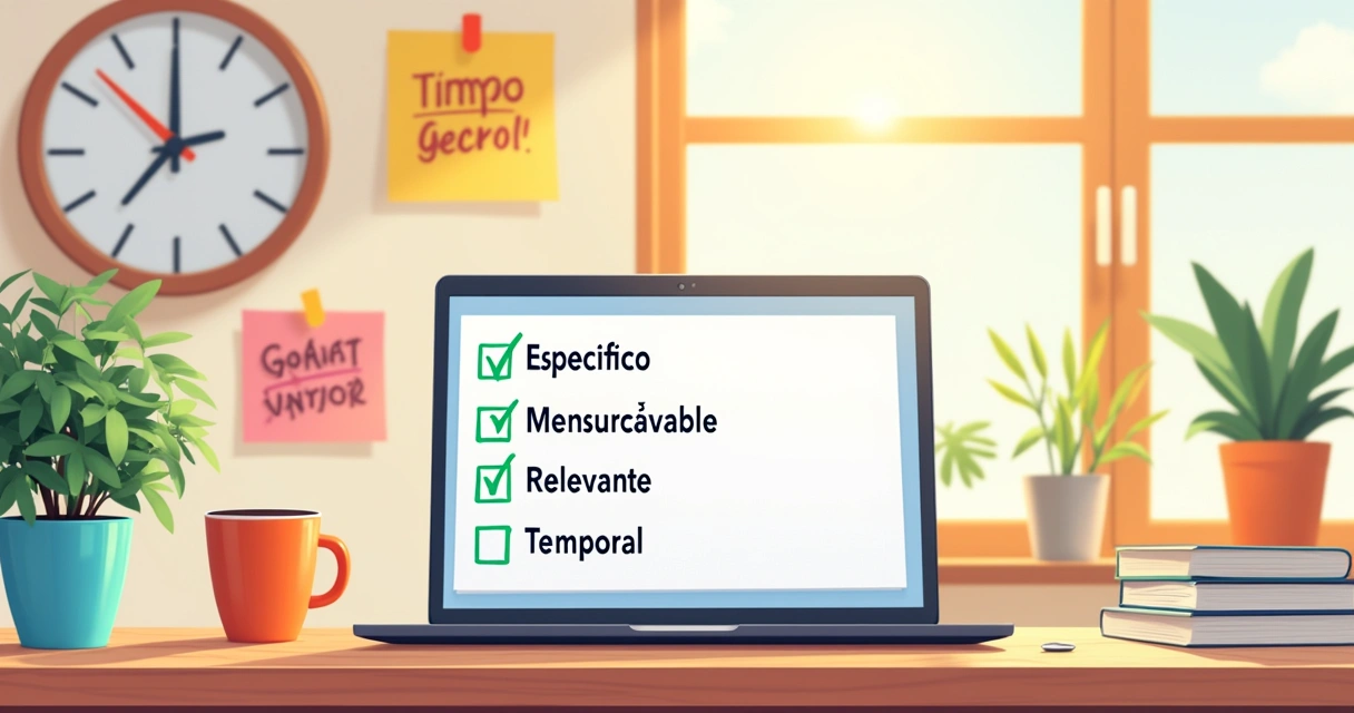 Ilustração de uma mesa organizada com a interface do Notion mostrando metas SMART.