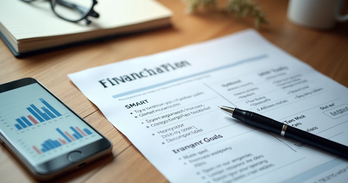 Documento com plano financeiro e metas SMART escritas à mão ao lado de um smartphone e uma caneta sobre mesa de madeira clara 