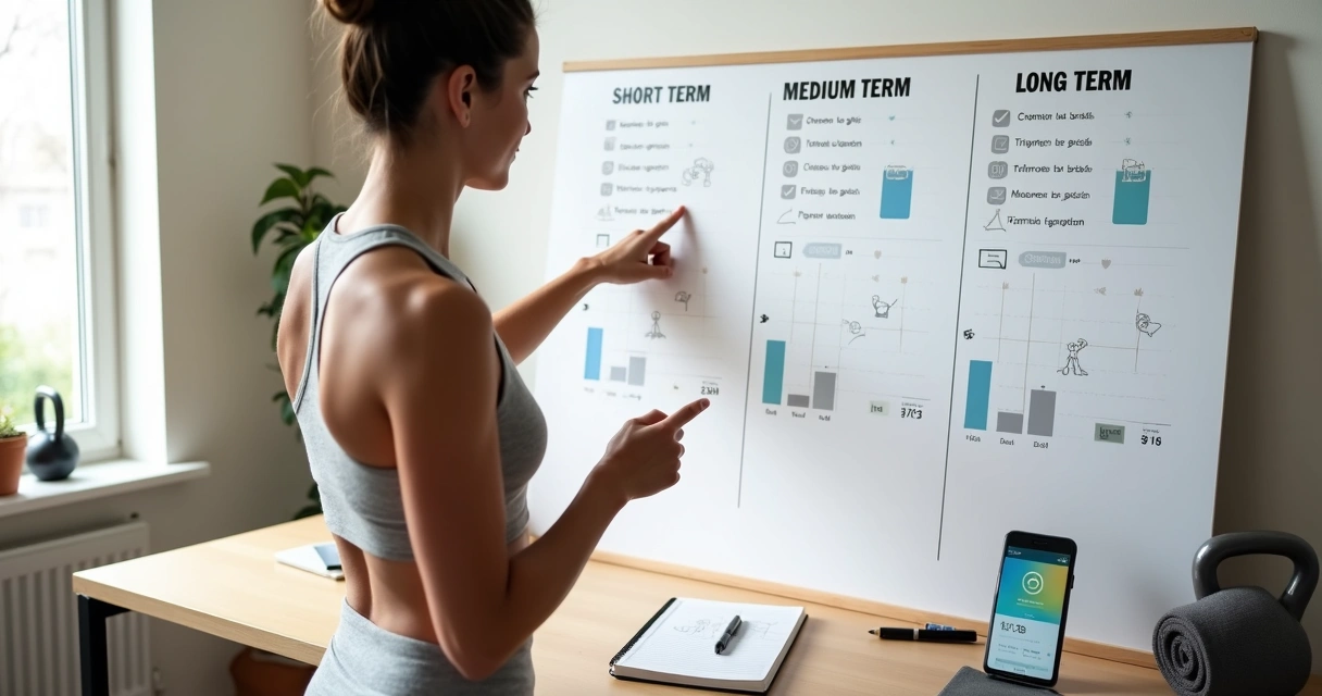 Pessoa organizando metas de treino em quadro de planejamento com gráficos de progresso 