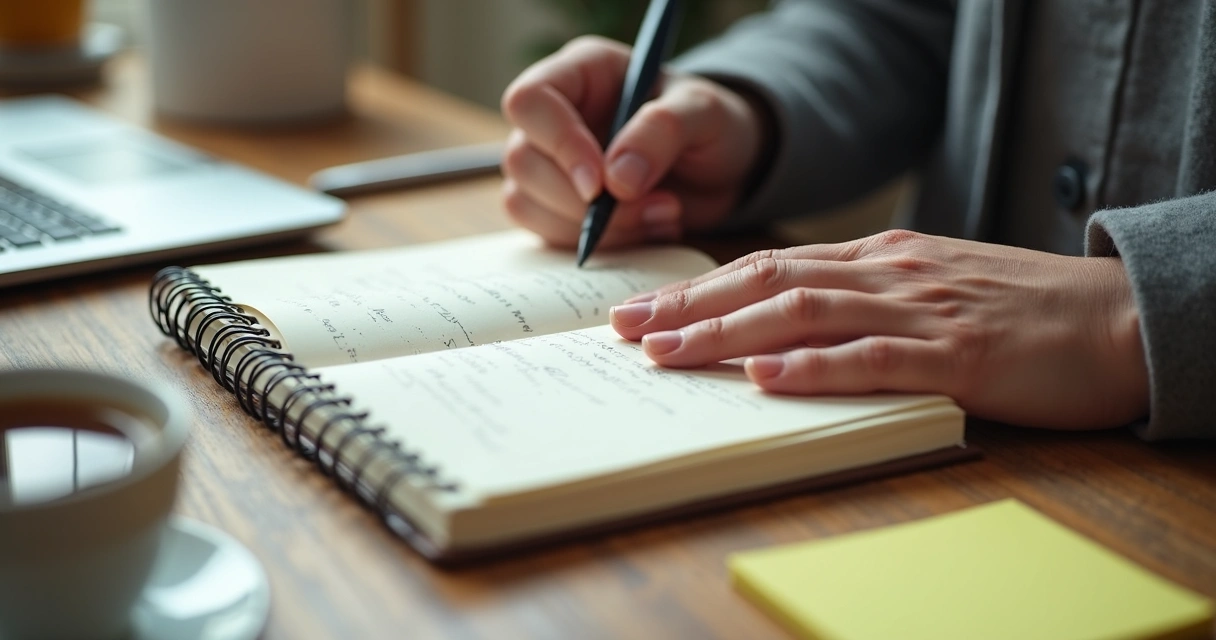 Persona escribiendo metas en una libreta con fondo con objetos de oficina 