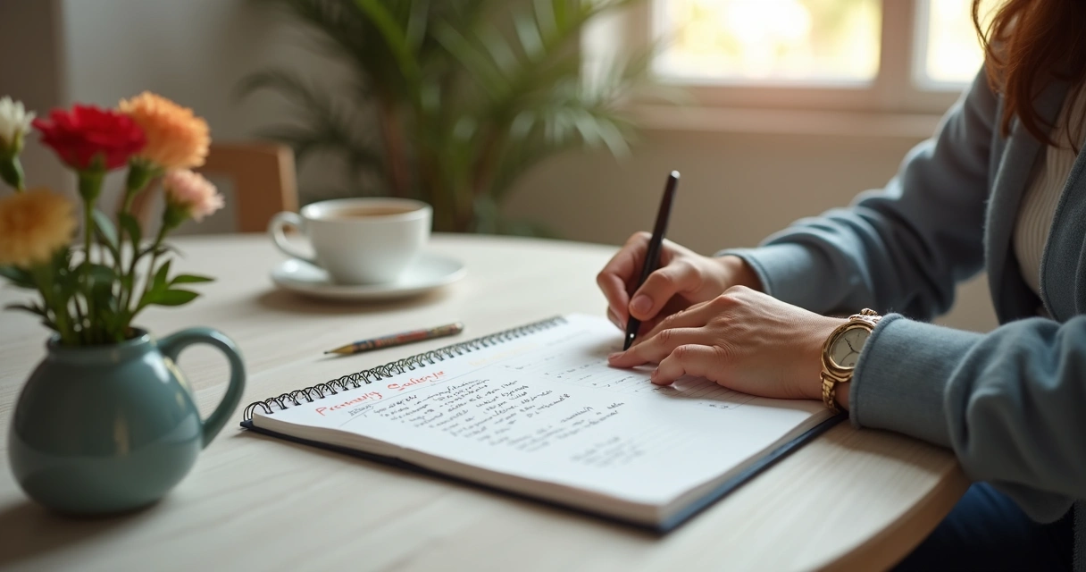 Persona escribiendo metas en una libreta al lado de una taza de café y flores 