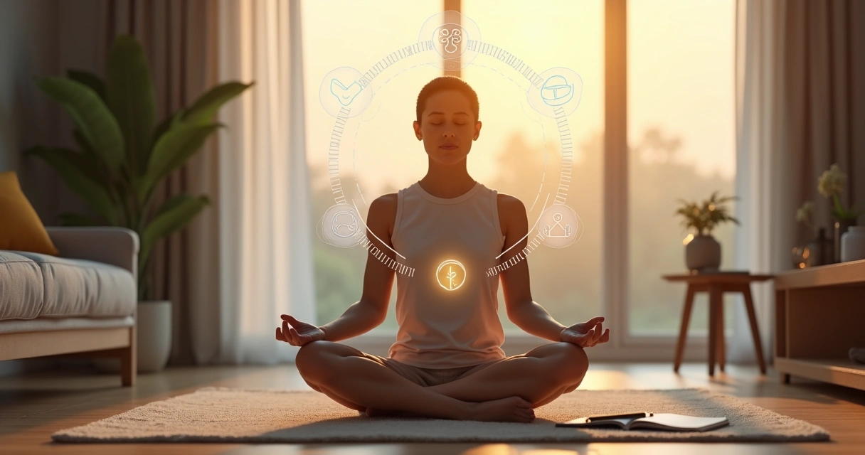 Pessoa meditando em sala de estar com elementos de mente emoção e propósito integrados 