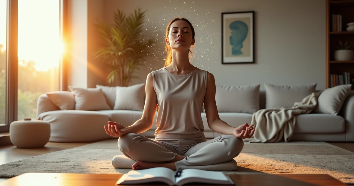Pessoa meditando em sala de estar contemporânea com fluxos de luz representando consciência 