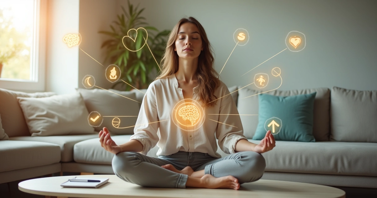 Persona meditando con iconos de mente emociones y relaciones integradas 