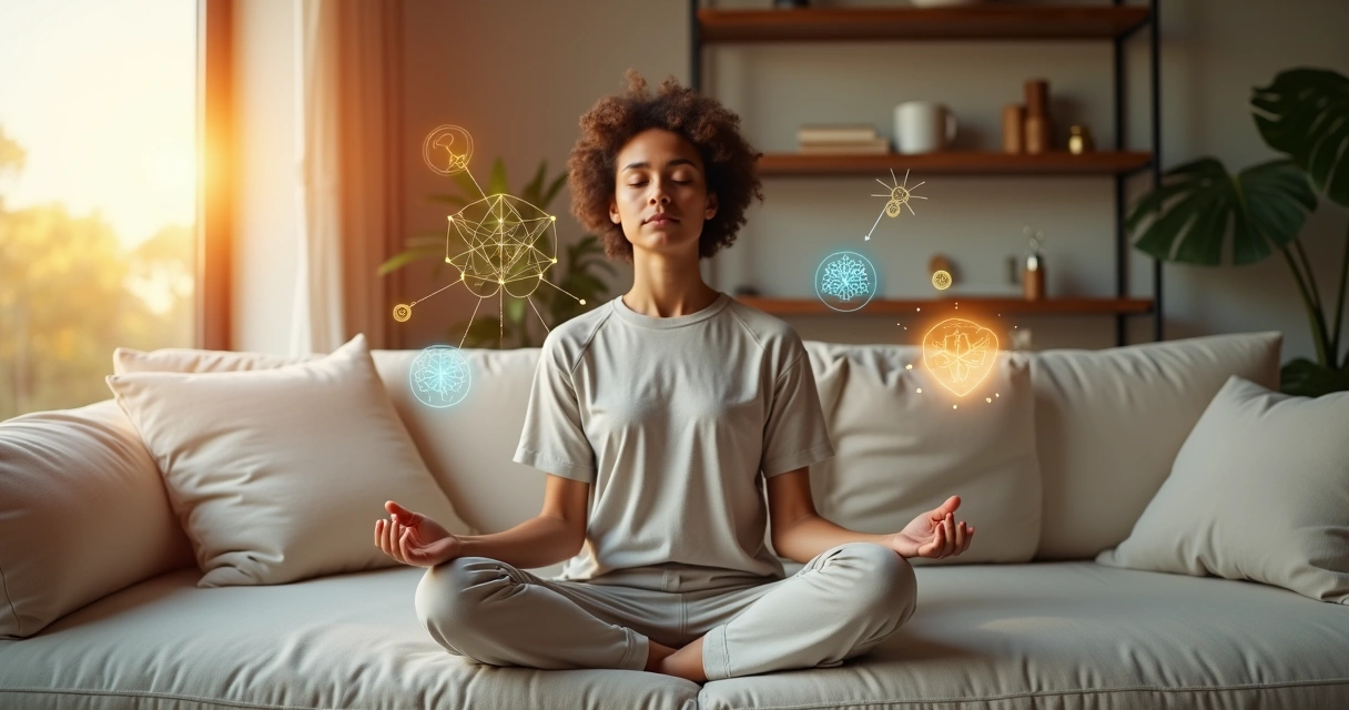 Persona meditando en casa con elementos visuales de reflexión, emociones y propósito alrededor 