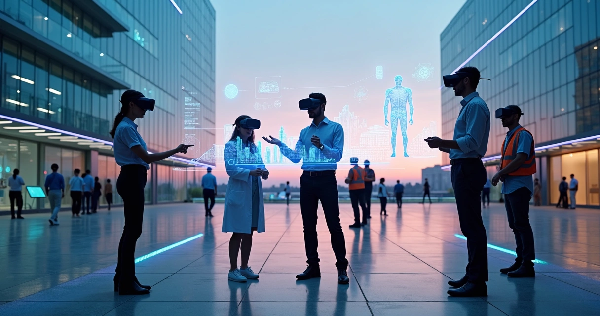 Profissionais usando óculos de realidade virtual interagindo com hologramas em uma praça futurista 