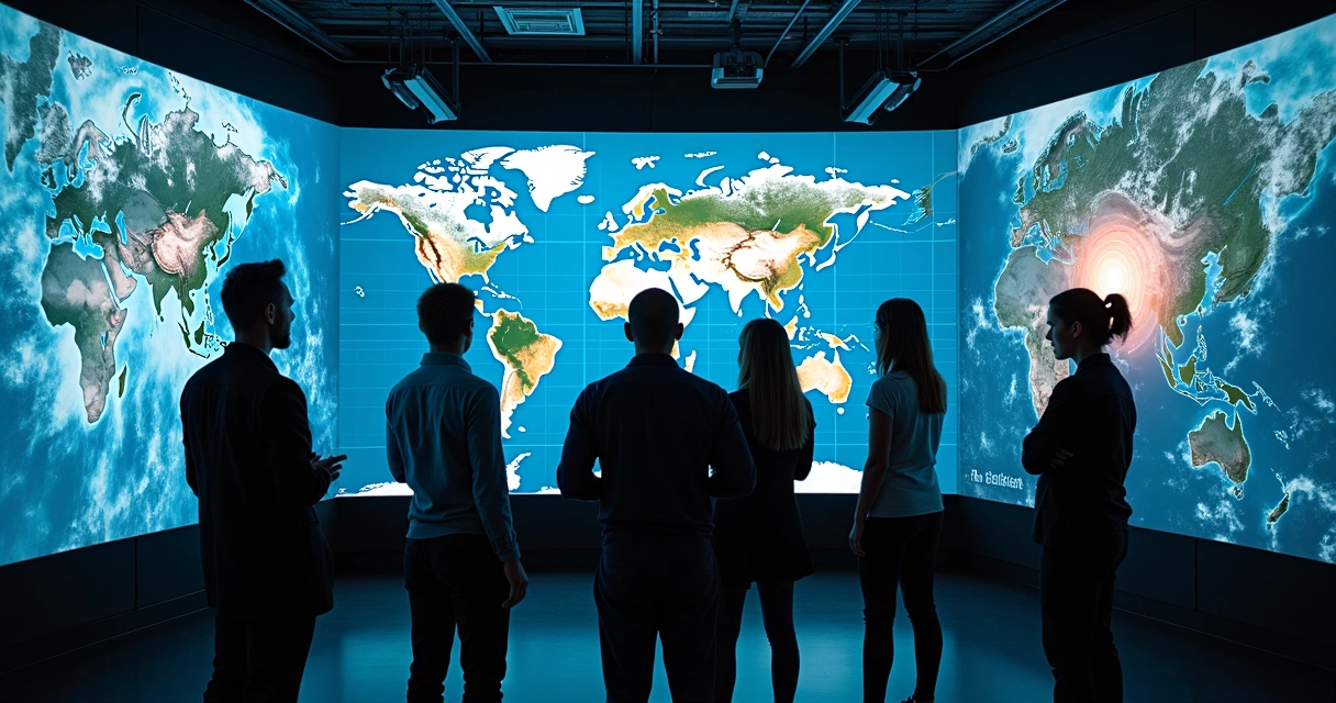Meteorologistas analisando dados em telas digitais em um escritório moderno. 