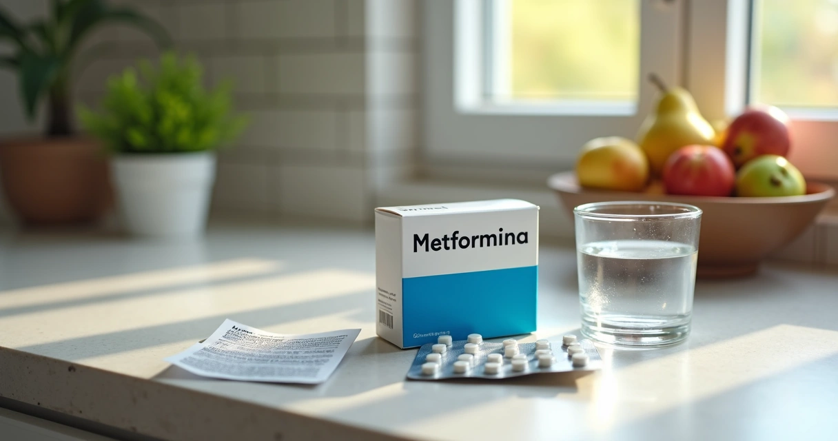 Caixa de metformina aberta com cartela de comprimidos e bula ao lado sobre mesa de madeira 