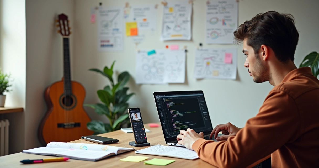 Jovem estudando com laptop, caderno e violão em mesa organizada, com fluxogramas na parede 