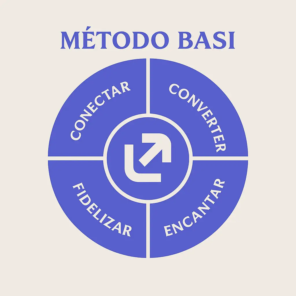 Diagrama do Método BASI com as etapas Conectar, Converter, Encantar e Fidelizar em círculo azul