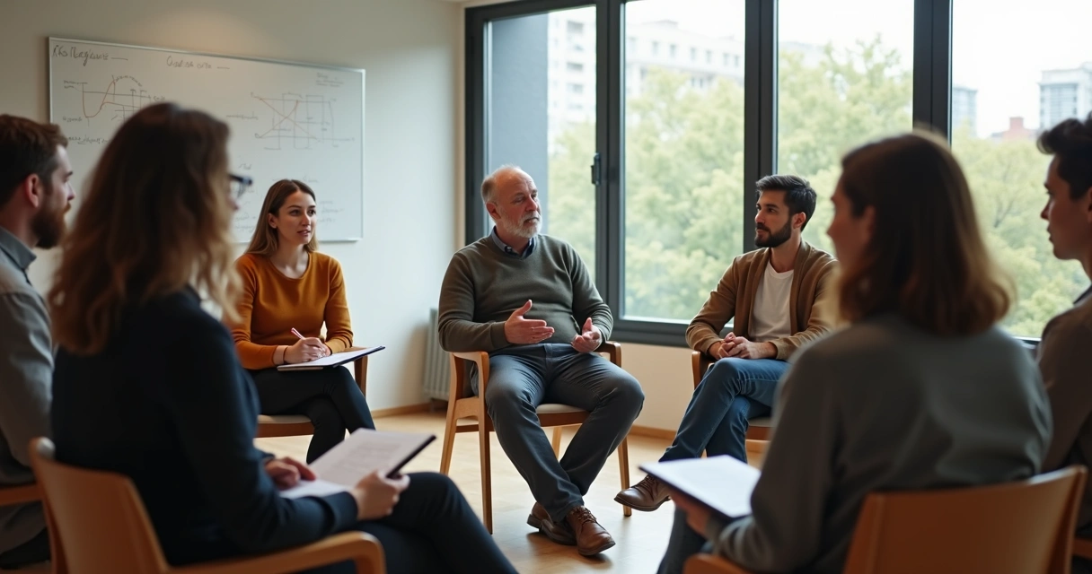 Grupo em círculo em sala iluminada engajado em diálogo profundo 