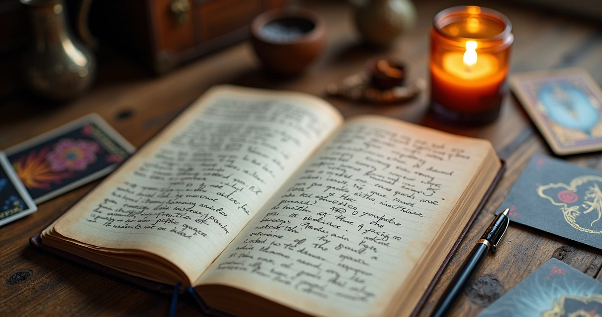 Caderno com anotações de tarot e cartas ao lado. 