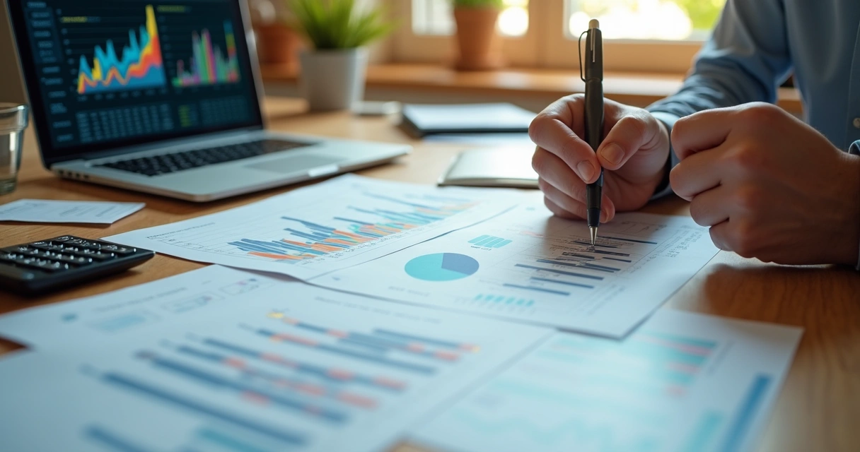 Quadro de fluxo de caixa com gráficos e cálculos sendo analisados 