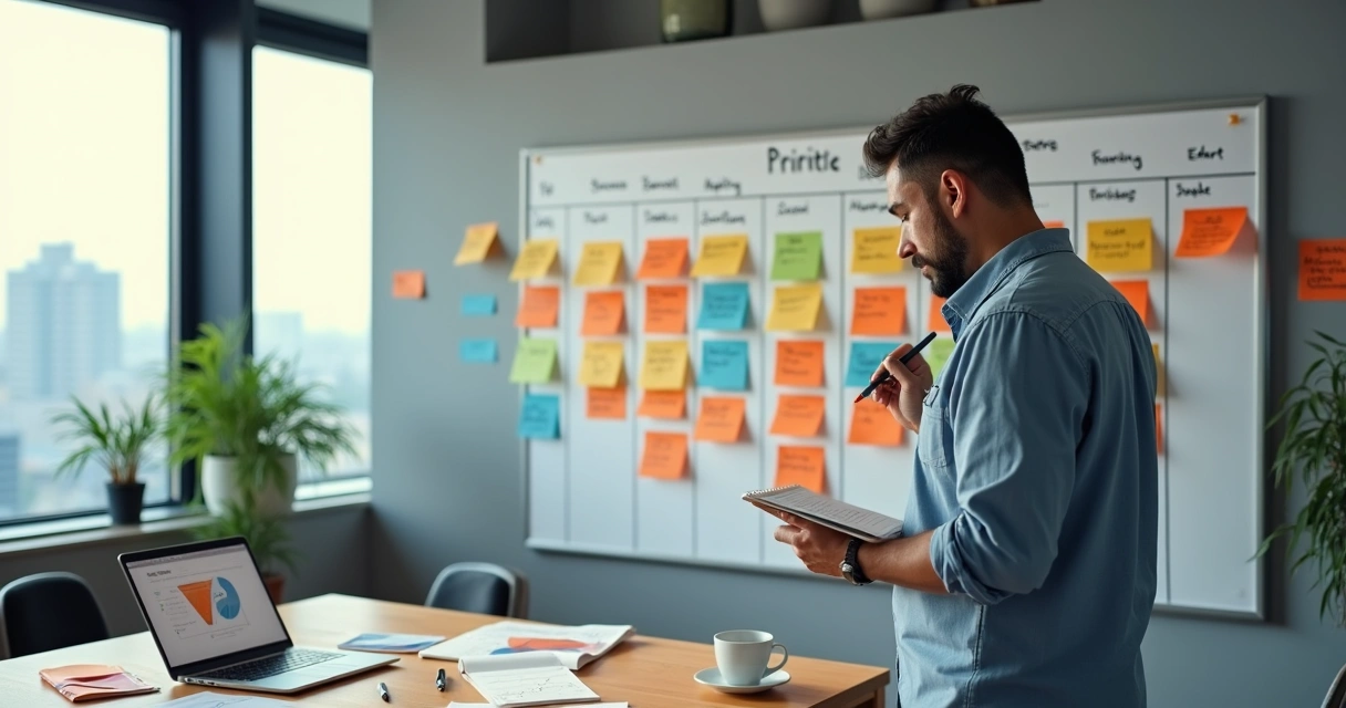 Empresário avaliando quadro de priorização com pontuações do método RICE 