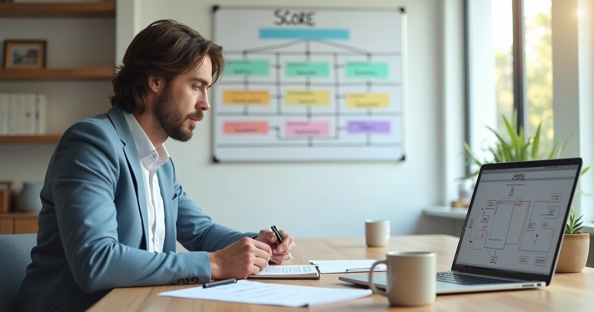 Profissional analisando quadro com fluxos e blocos coloridos representando obstáculos internos 