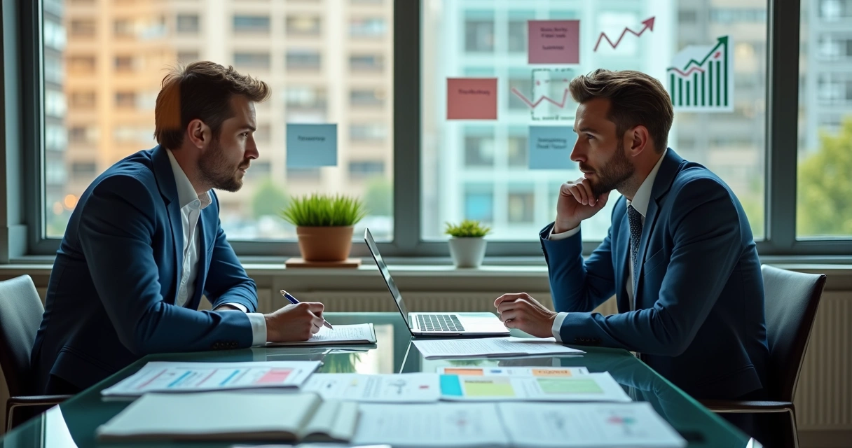 Vendedor fazendo perguntas consultivas para cliente em reunião de negócios 