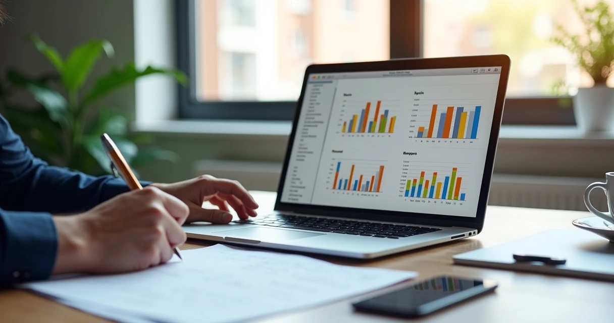 Profissional analisando gráficos de vendas em laptop com papel e caneta ao lado, ambiente de escritório moderno e organizado, luz natural entrando pela janela 