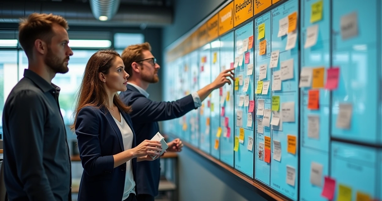 Quadro kanban com equipe planejando tarefas 