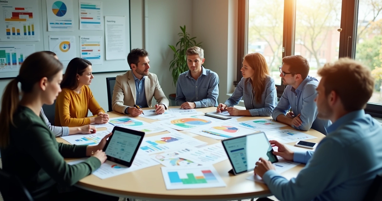 Equipe reunida discutindo relatórios de feedbacks de clientes em sala de reunião 