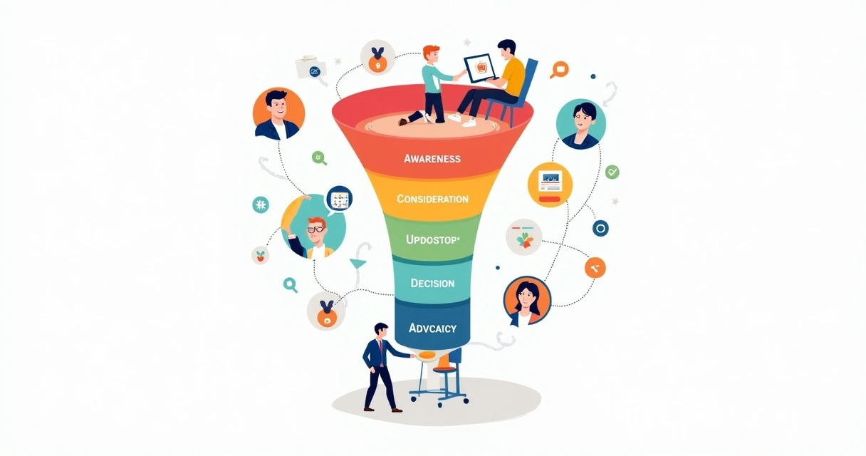 Representação visual de funil de inbound marketing com várias etapas 