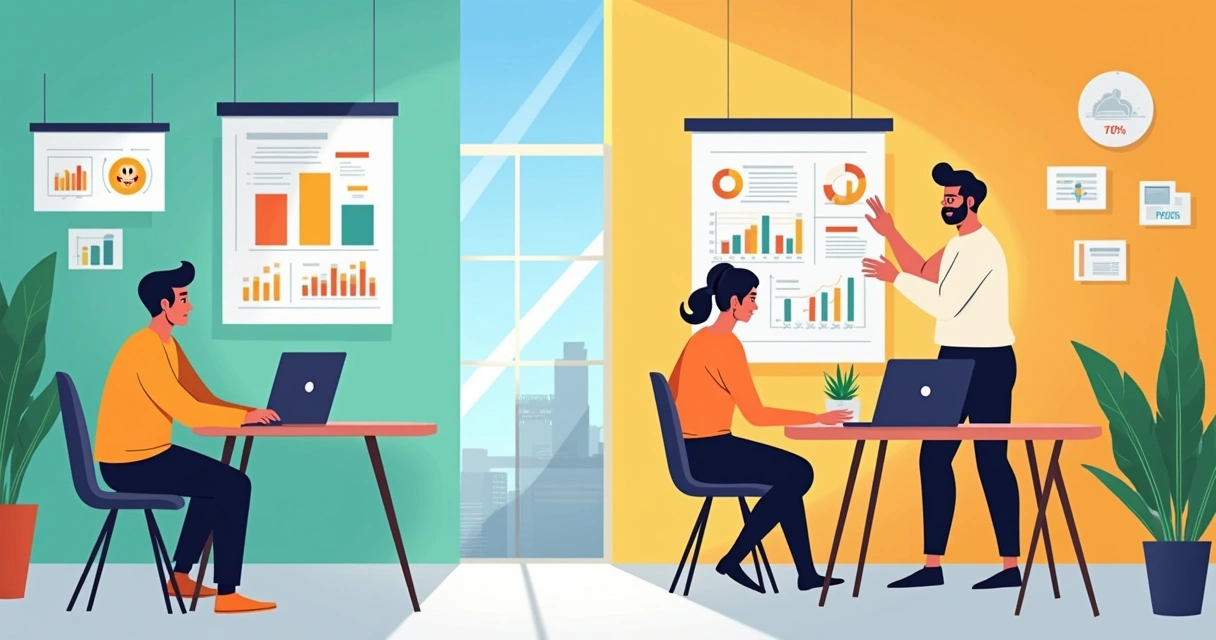 Ambiente de escritório com gráficos de pesquisa qualitativa e quantitativa, e um pesquisador analisando dados.