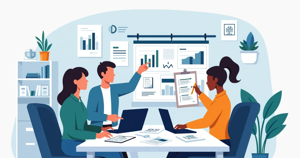 Equipe administrativa avaliando resultados de treinamento prático com gráficos e checklist 
