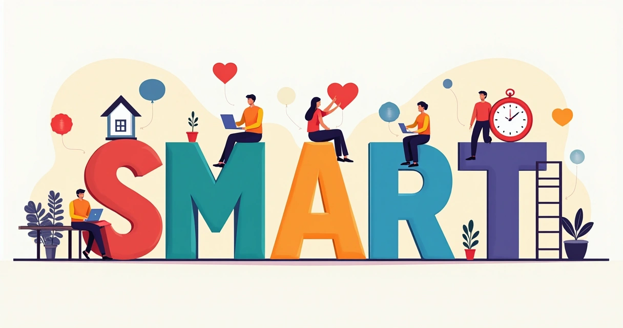 Cinco elementos visuais representando cada letra de SMART em contexto de planejamento 