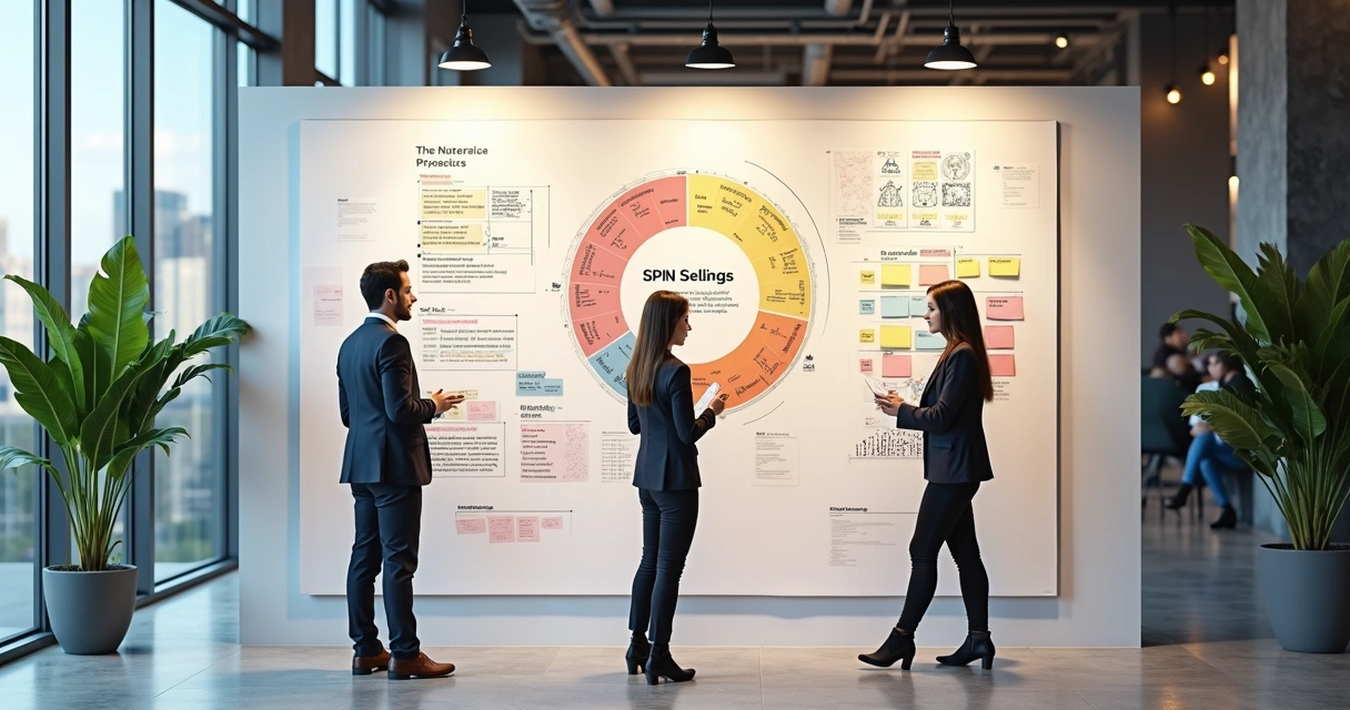 Quadro branco com fluxograma SPIN Selling destacado e equipe comercial discutindo 