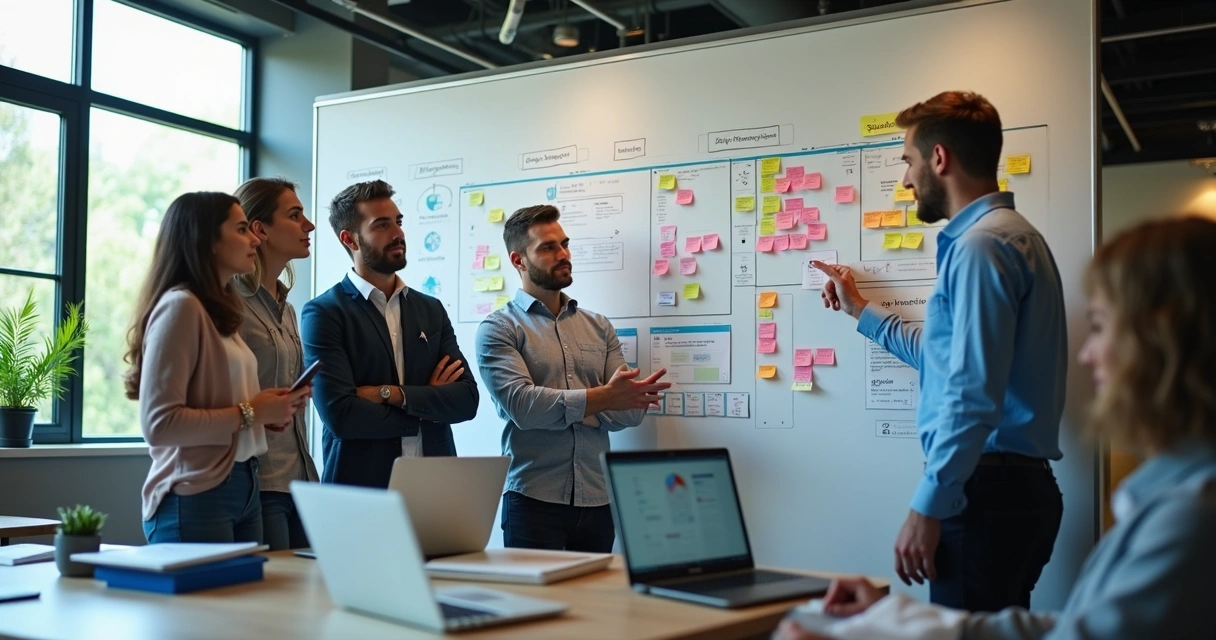 Equipe de TI utilizando quadros e post-its em reunião de metodologias ágeis 