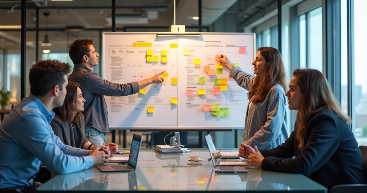 Equipe discutindo metodologias ágeis com quadro Scrum 