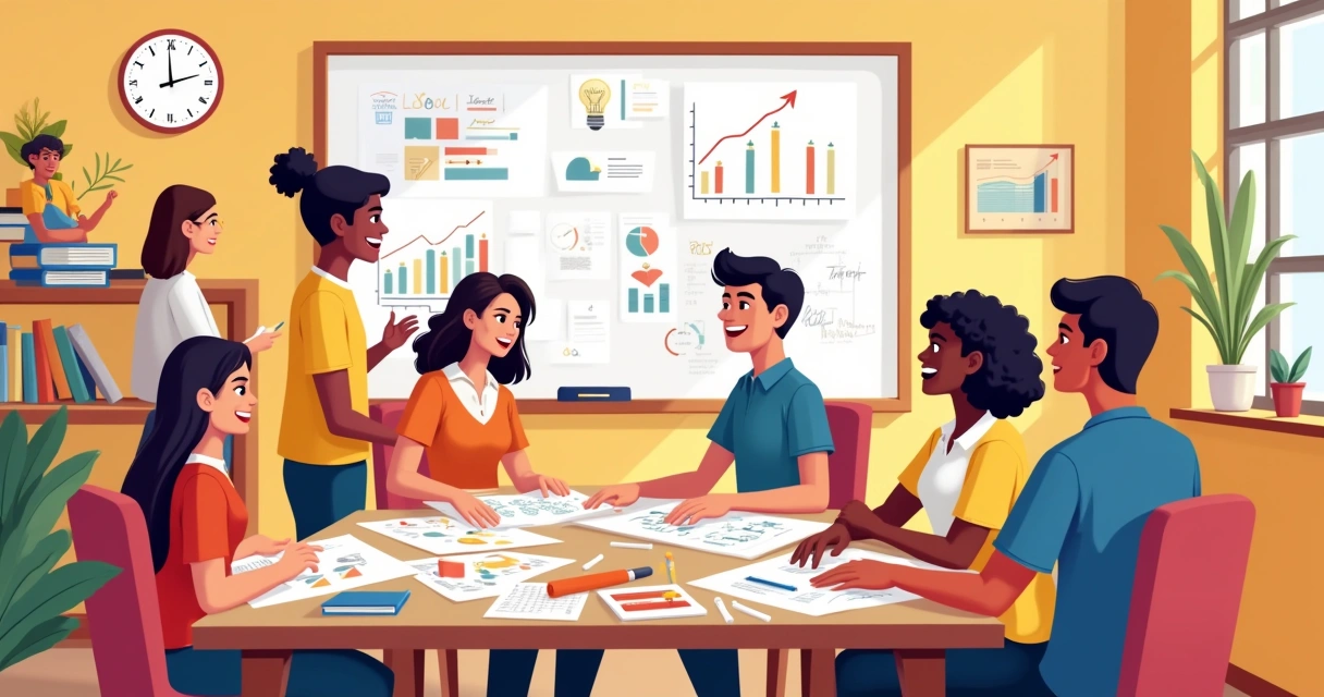 Ilustração de uma sala de aula vibrante com alunos participando ativamente de metodologias ativas.